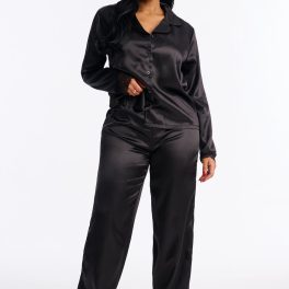 Getting Sleepy Black Satin Lace Trim Long Sleeve Pajama Pant Set