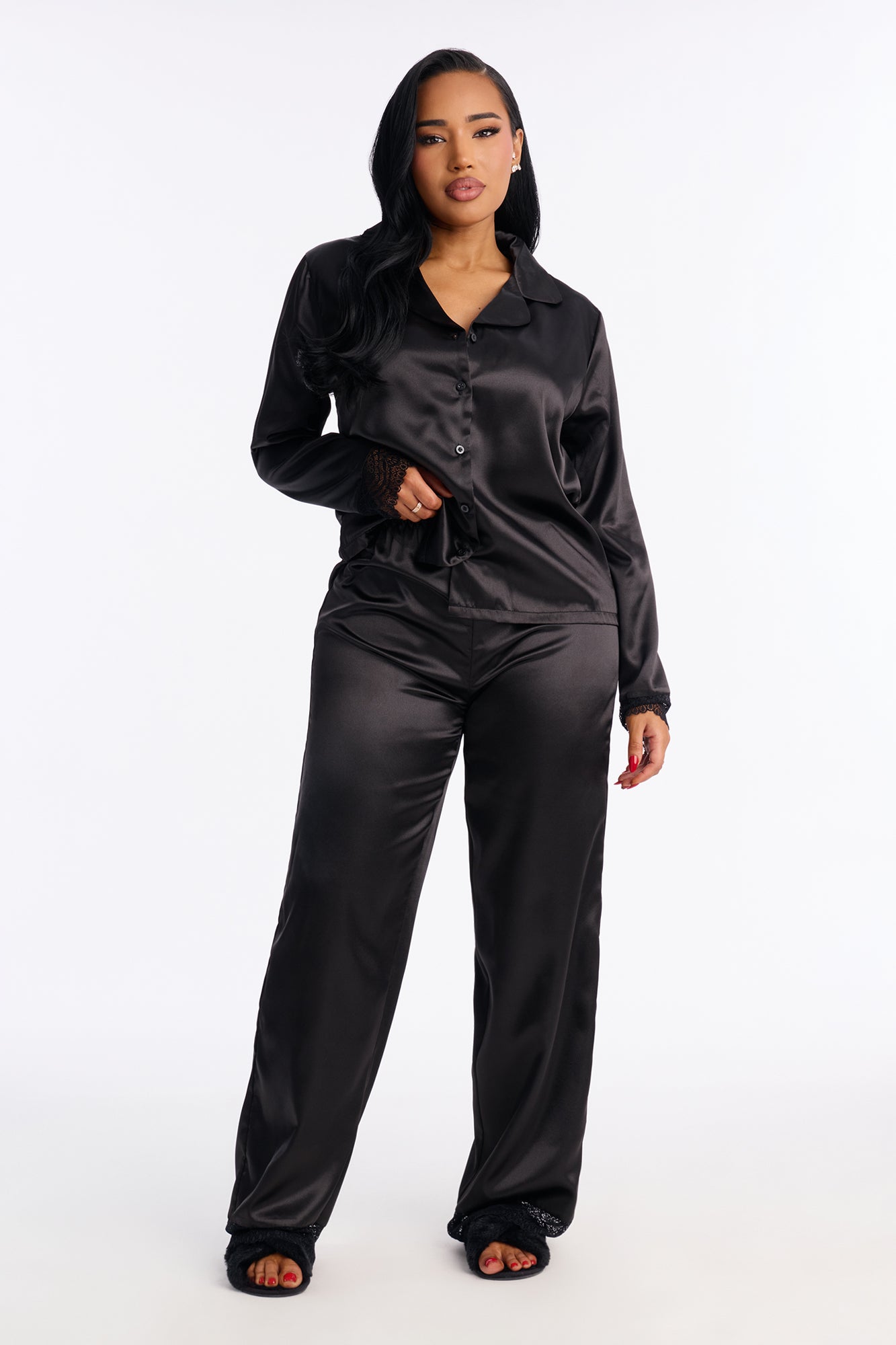 Getting Sleepy Black Satin Lace Trim Long Sleeve Pajama Pant Set