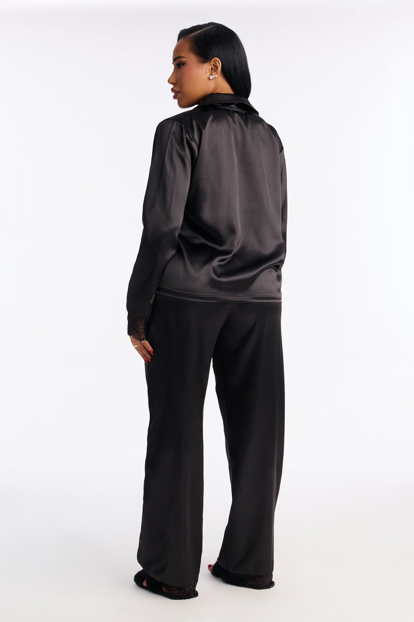 Getting Sleepy Black Satin Lace Trim Long Sleeve Pajama Pant Set - Image 4