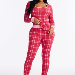 Cozy Cuddles Red/combo Waffle Long Sleeve Pajama Pant Set