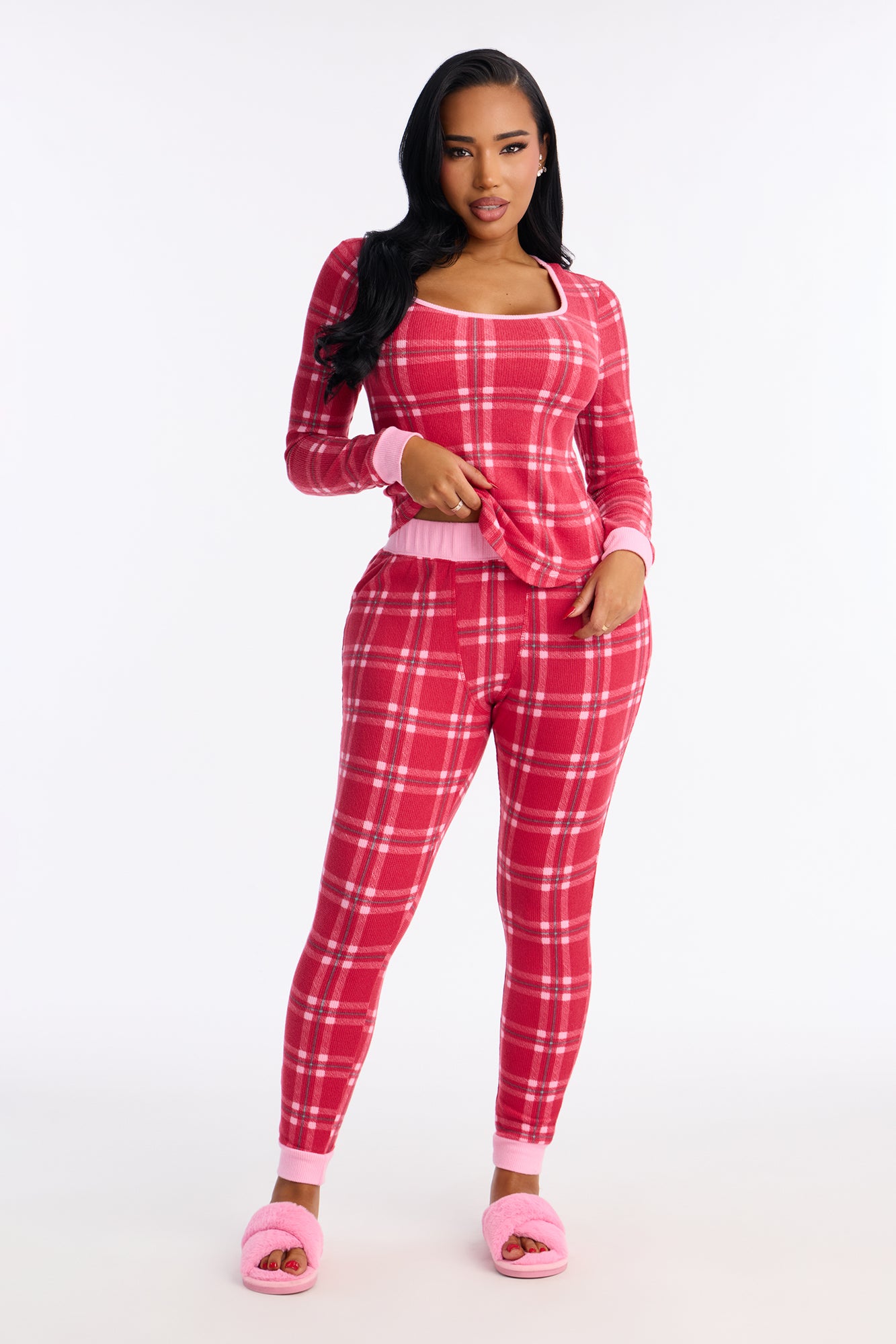 Cozy Cuddles Red/combo Waffle Long Sleeve Pajama Pant Set