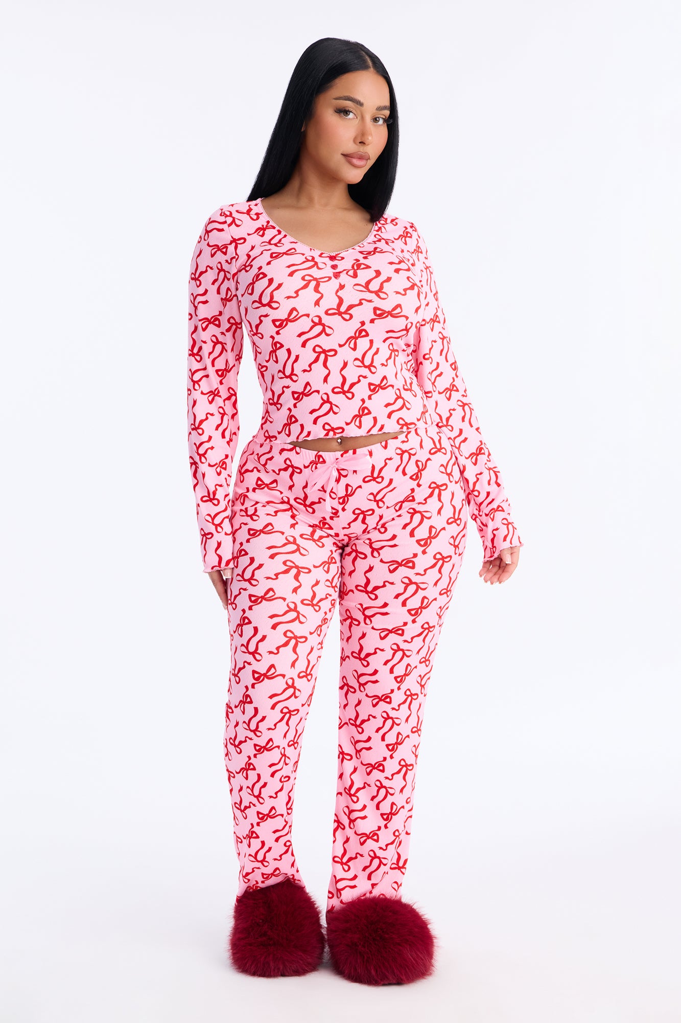 What A Cutie Hot Pink/combo Pointelle Long Sleeve Pajama Pant Set