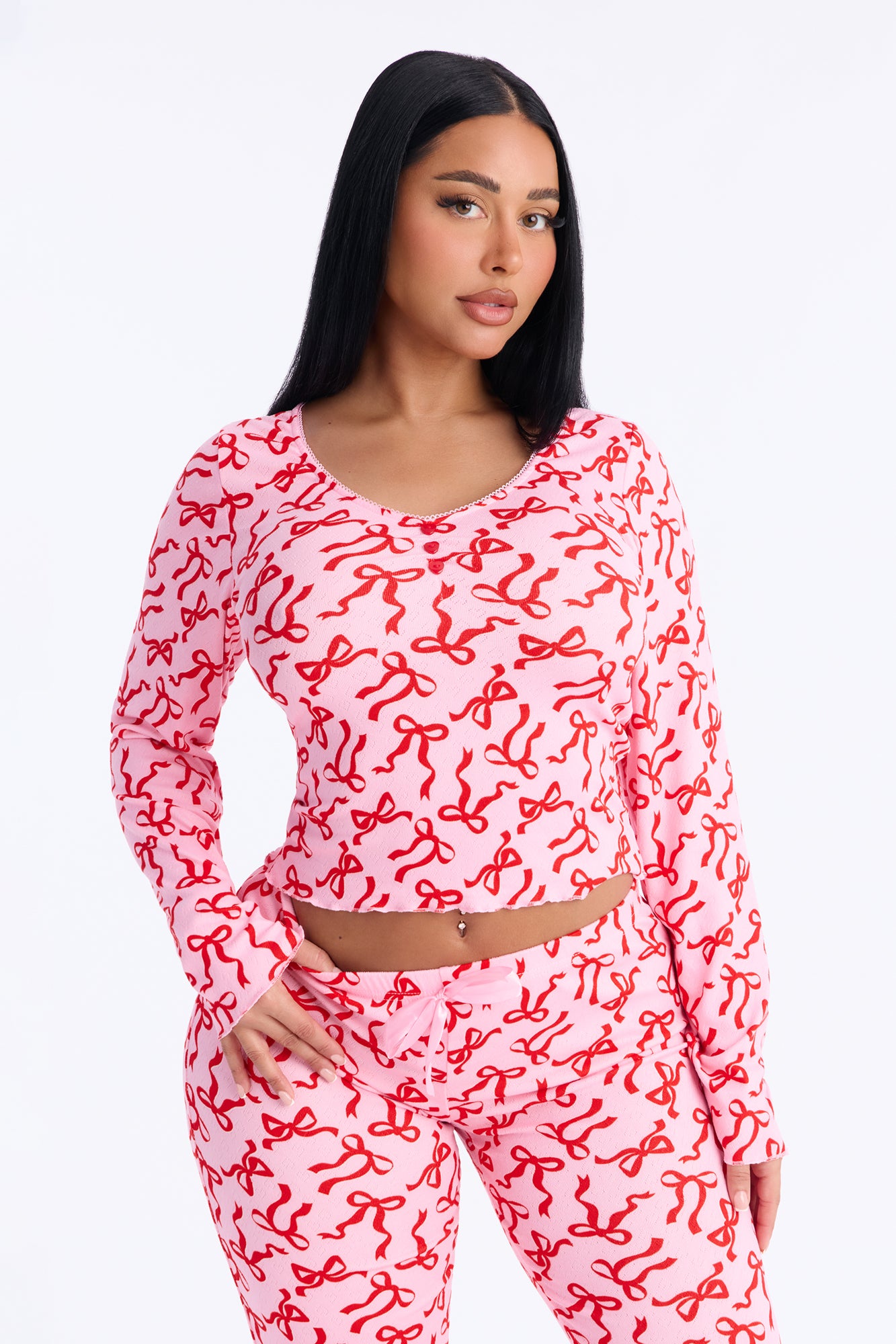 What A Cutie Hot Pink/combo Pointelle Long Sleeve Pajama Pant Set - Image 2