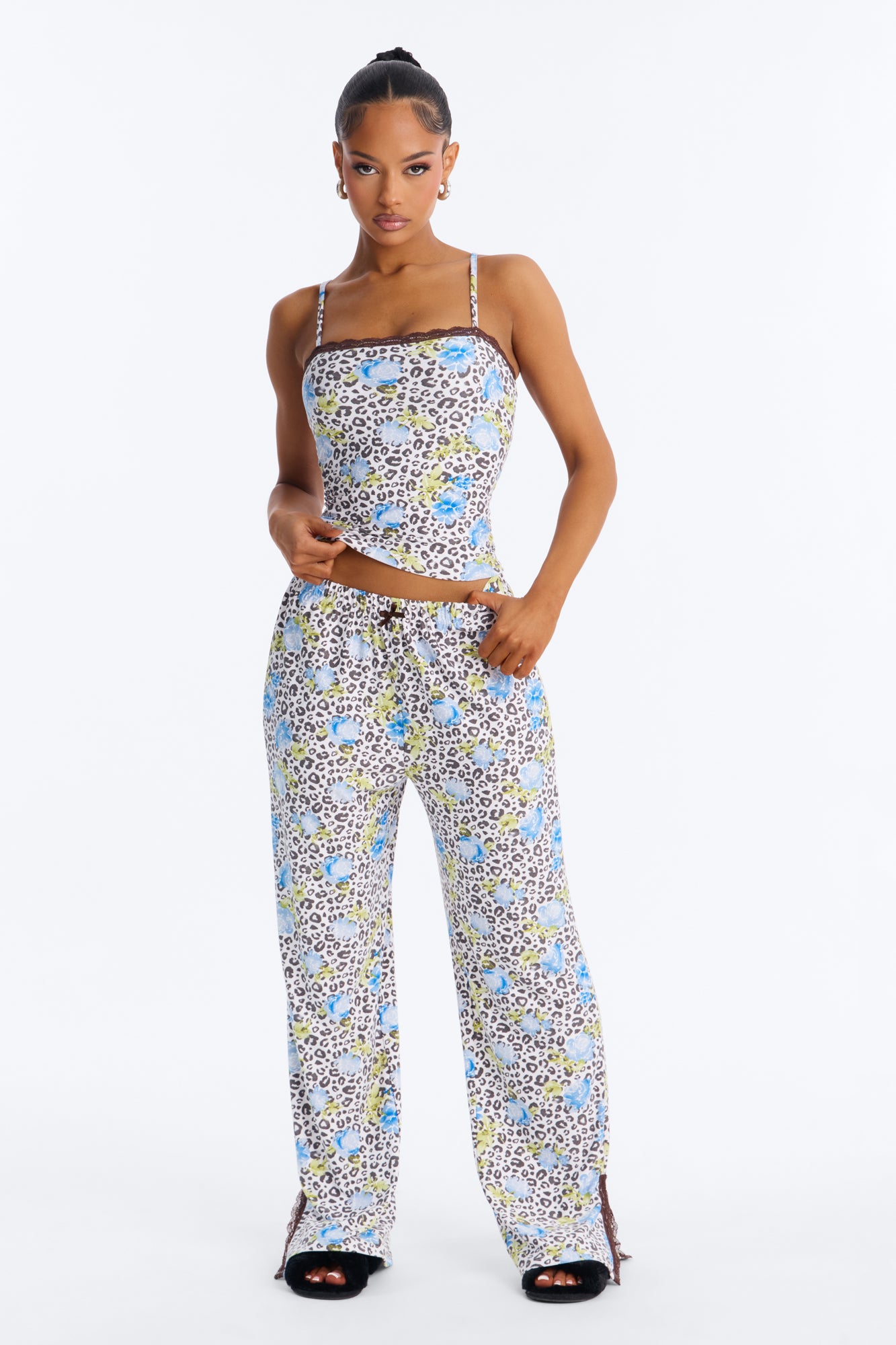 Blue/combo Cheetah Floral Cami Pajama Pant Set
