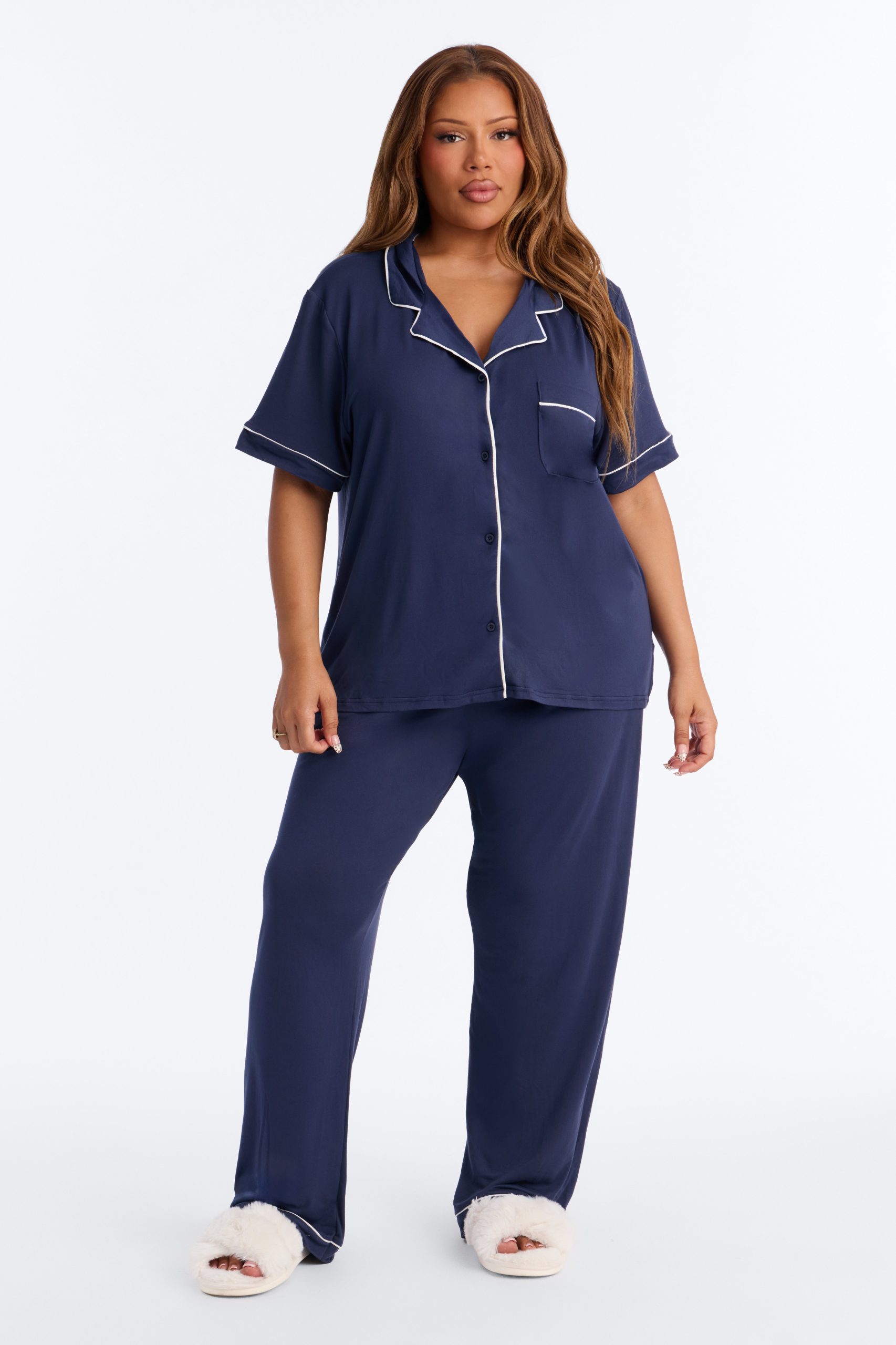 In The Morning Navy Pajama Short Sleeve Pant Set