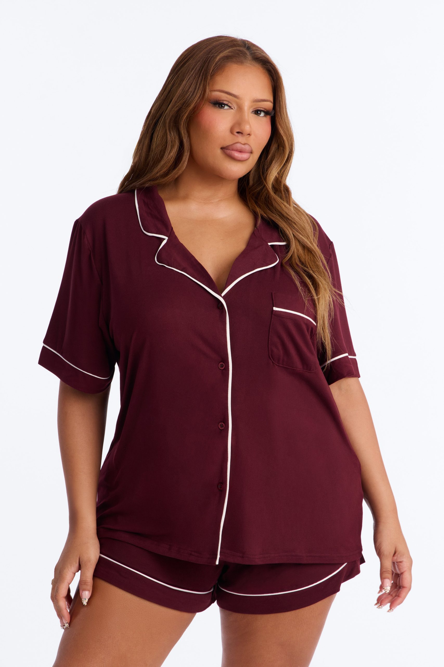 In The Morning Burgundy Pajama Short Sleeve Short Set - Image 4